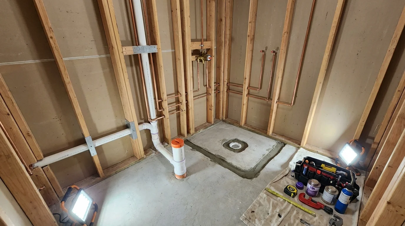 Bathroom rough-in plumbing during remodel by Johns Plumbing LLC in Grand Marais