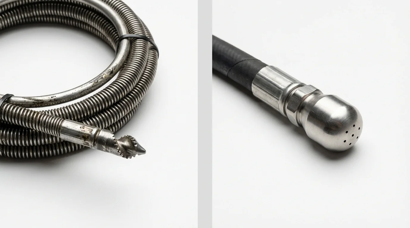 Drain snake cable and hydro jetting nozzle used for drain cleaning in Grand Marais, MN