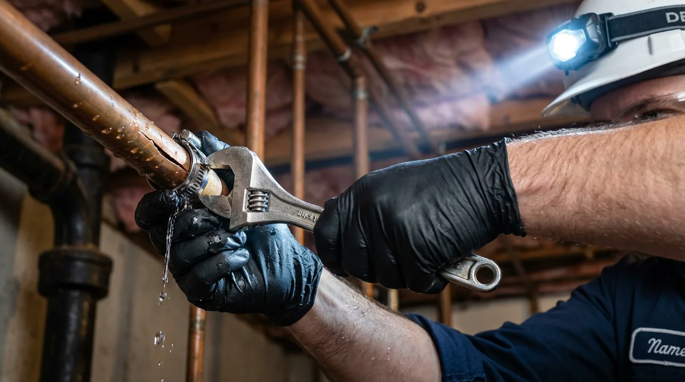Emergency pipe clamp repair being performed by a Johns Plumbing LLC plumber in Grand Marais