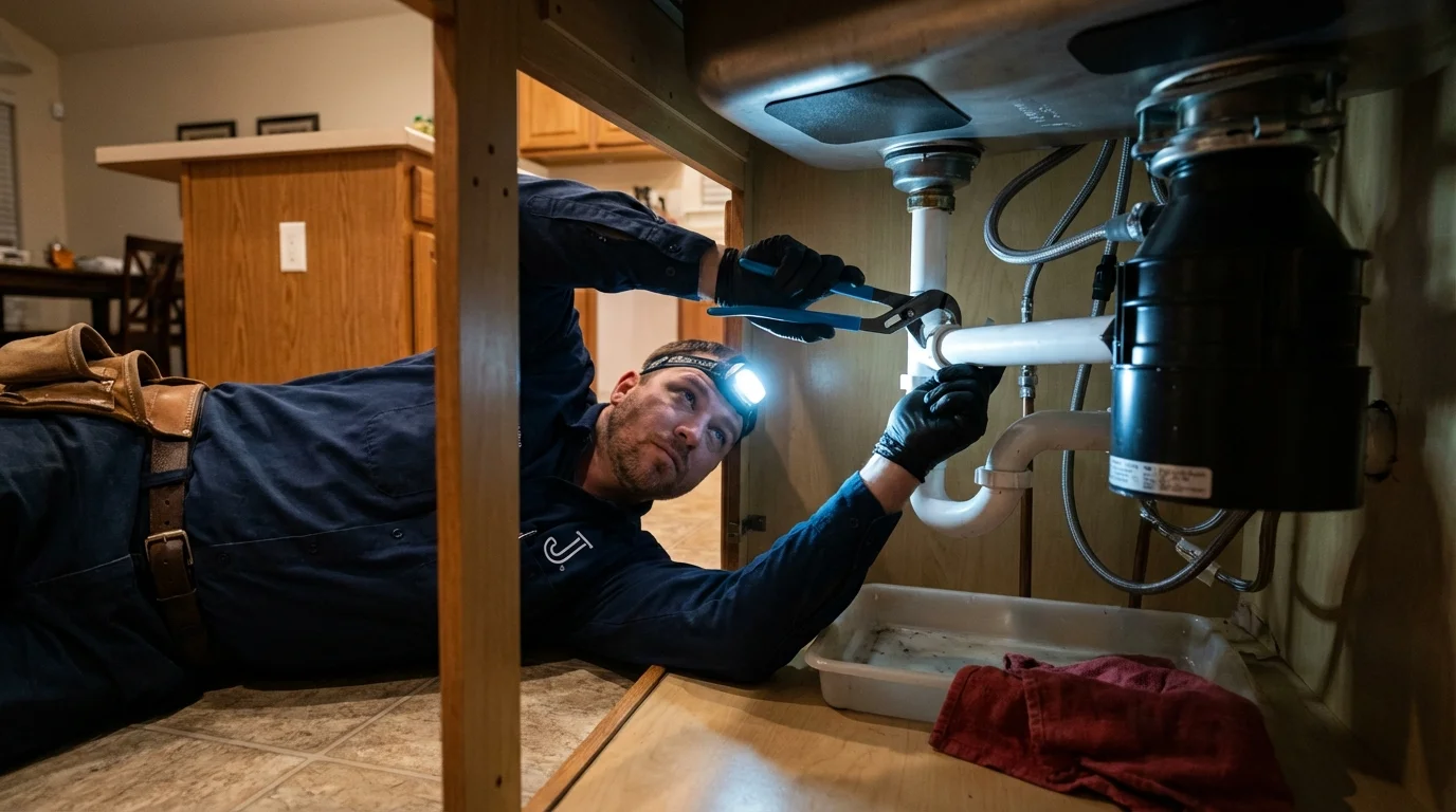 P-trap and supply line connections under a kitchen sink showing a common leak point in Grand Marais, MN